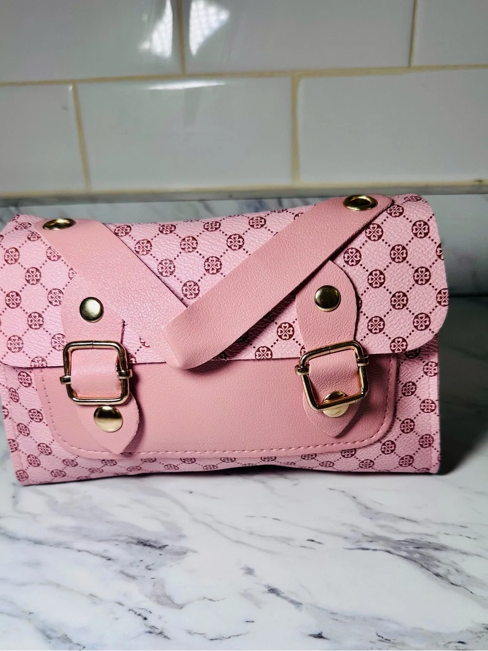 Pink Patterned Clutch with Gold-Tone Hardware
